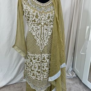 Pakistani suit, pistachio color with pearl work